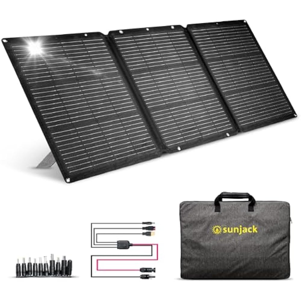 SunJack 120W Foldable Portable Solar Panel Charger with Kickstands, MC4/PD60 USB-C/USB-A, ETFE Monocrystalline, Waterproof Solar Charger for Camping, RV, Power Station, Generator, Off Grid, Emergency